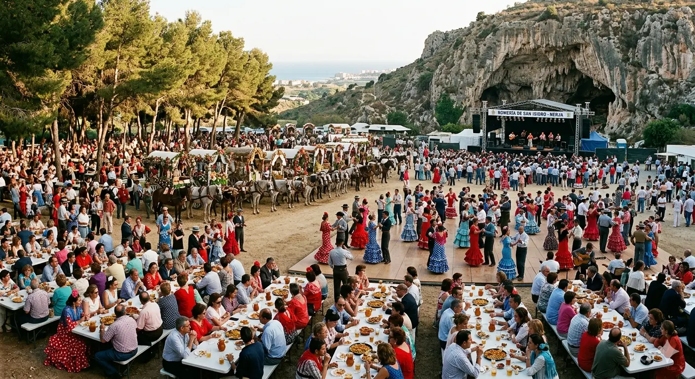 Fiesta y baile de sevillanas en el recinto de las Cuevas de Nerja durante la Romería de San Isidro, con carrozas y música en vivo
