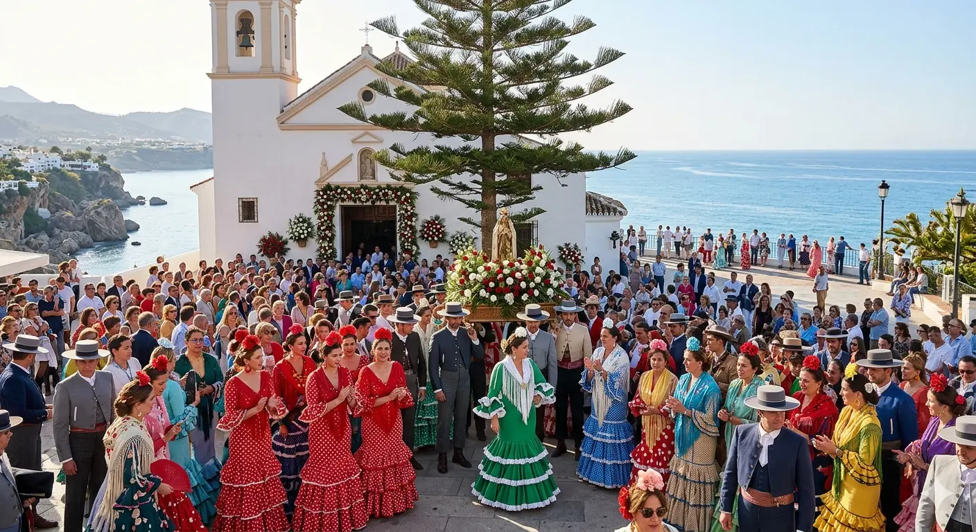 Misa rociera de San Isidro en la Iglesia de El Salvador del Balcón de Europa de Nerja, con asistentes en trajes rocieros