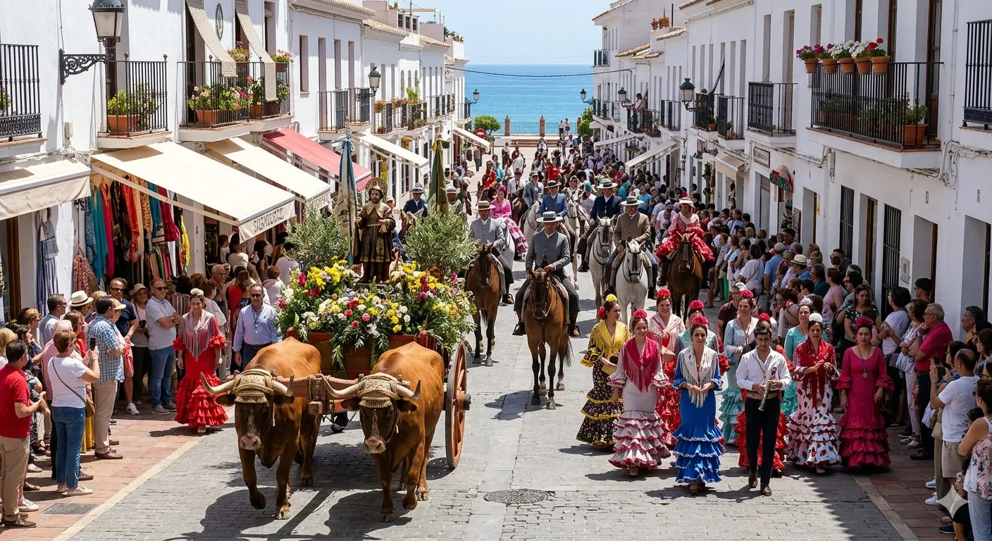 Procesión de la Romería de San Isidro avanzando por las calles empedradas de Nerja con carrozas decoradas y jinetes a caballo