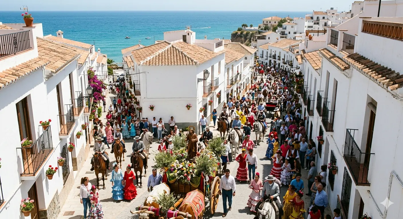 Procesión de la Romería de San Isidro Nerja 2026 con carrozas y jinetes a caballo recorriendo las calles del pueblo