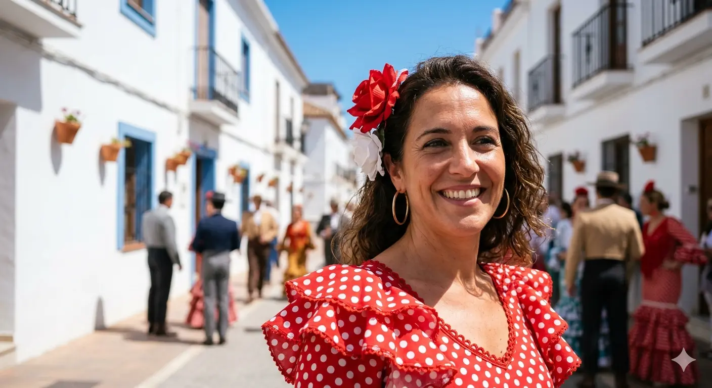 Mujer con traje de gitana de lunares rojos y flor en el pelo durante la Romería de San Isidro en Nerja, callejuela andaluza al fondo